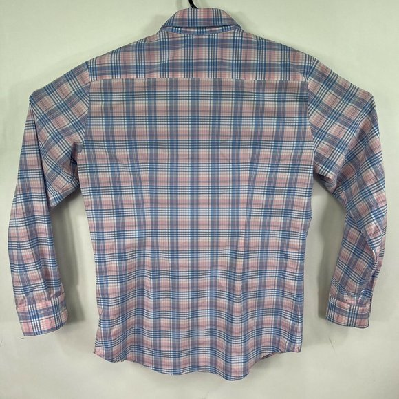 MIZZEN+MAIN Mens Large Pink Blue Plaid Long Sleeve Trim Fit Button Front Shirt - Picture 2 of 7